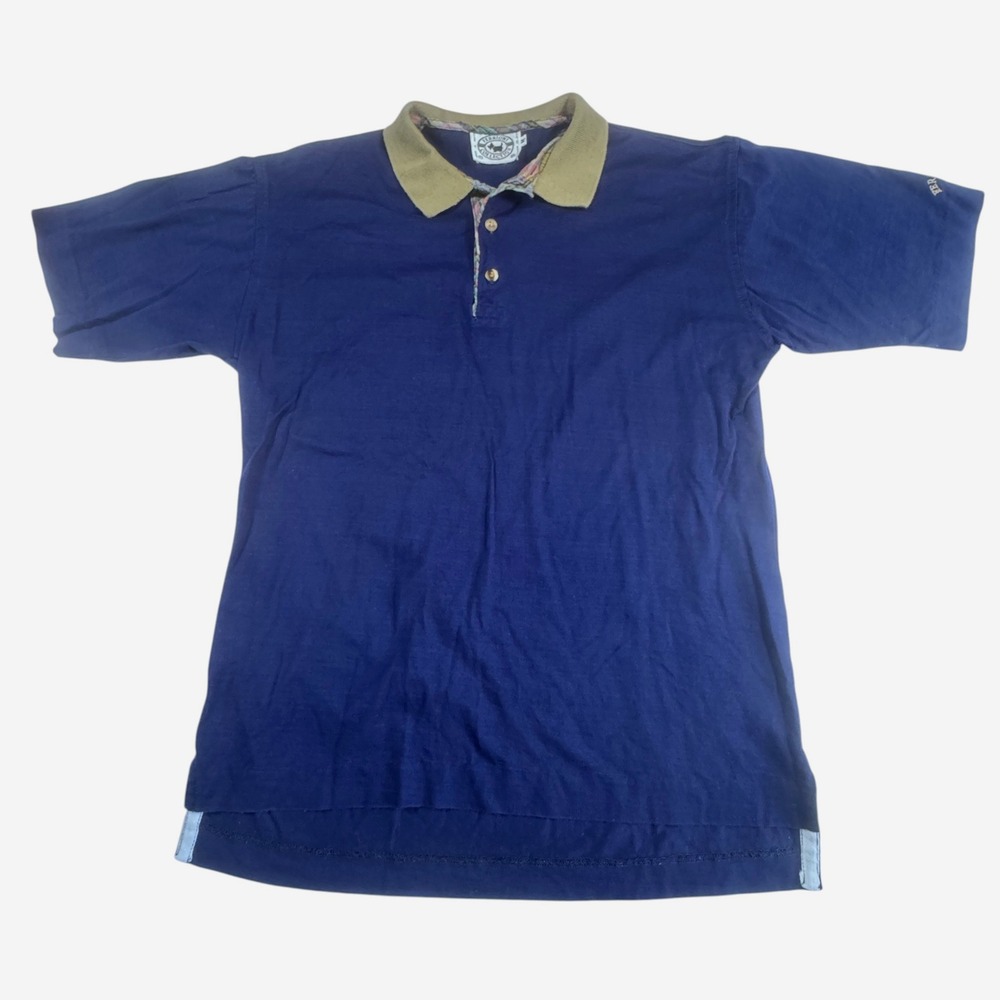 Ferrioni Collection Navy Blue Polo Shirt Mens M Plaid Tan Preppy Golf VTG 90s - Picture 11 of 12
